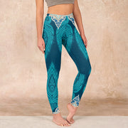 Buddha Stones Green Feather Flower Print Gym Fitness Leggings Women's Yoga Pants - CadetBlue - US18，UK/AU22，EU50 (4XL) - image 1