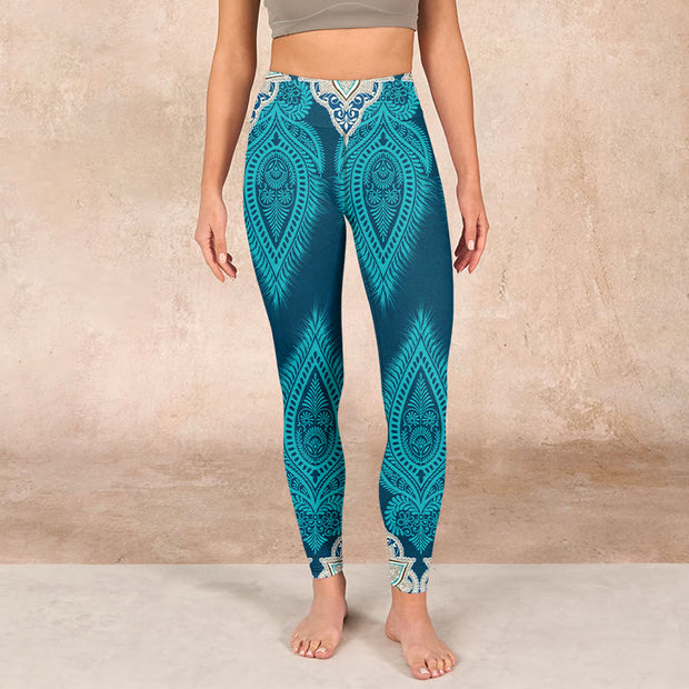 Buddha Stones Green Feather Flower Print Gym Fitness Leggings Women's Yoga Pants