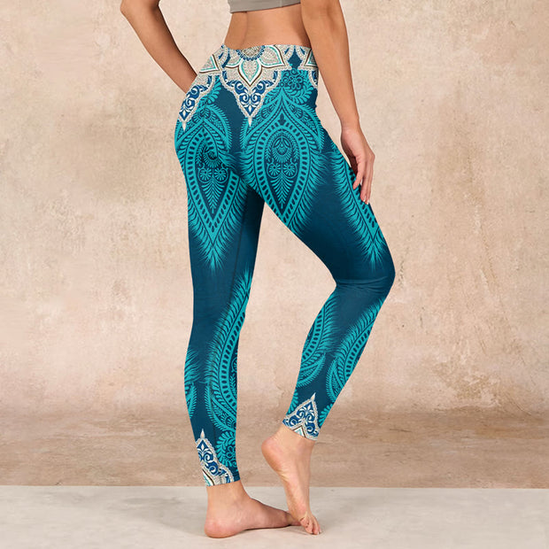 Buddha Stones Green Feather Flower Print Gym Fitness Leggings Women's Yoga Pants Leggings BS 2