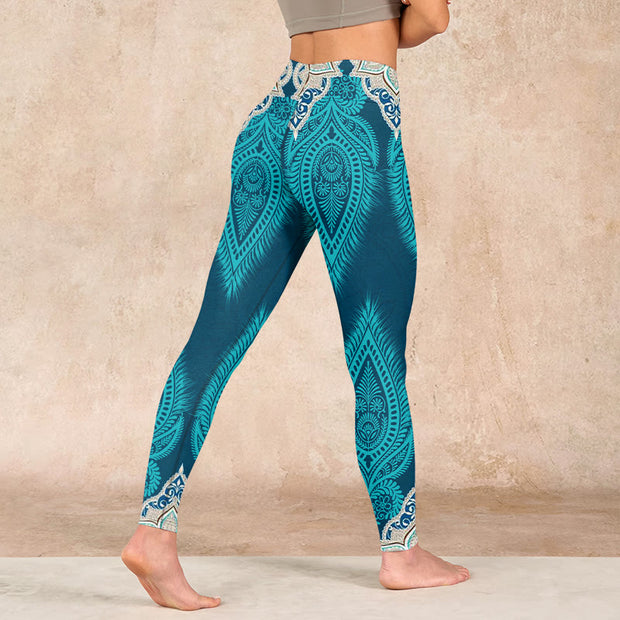 Buddha Stones Green Feather Flower Print Gym Fitness Leggings Women's Yoga Pants - image 5