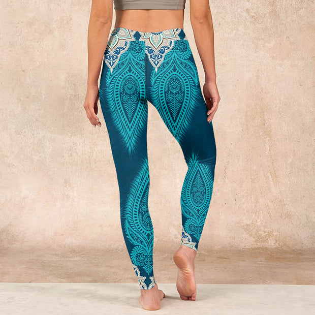 Buddha Stones Green Feather Flower Print Gym Fitness Leggings Women's Yoga Pants