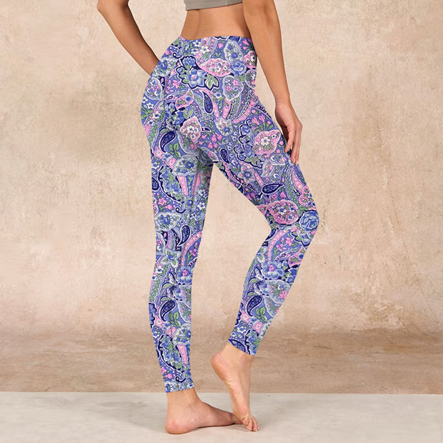 Buddha Stones Purple Pink Cashew Flower Print Gym Fitness Leggings Women's Yoga Pants - image 3