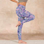 Buddha Stones Purple Pink Cashew Flower Print Gym Fitness Leggings Women's Yoga Pants