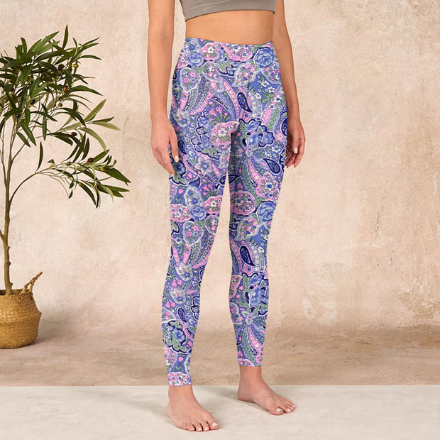 Buddha Stones Purple Pink Cashew Flower Print Gym Fitness Leggings Women's Yoga Pants