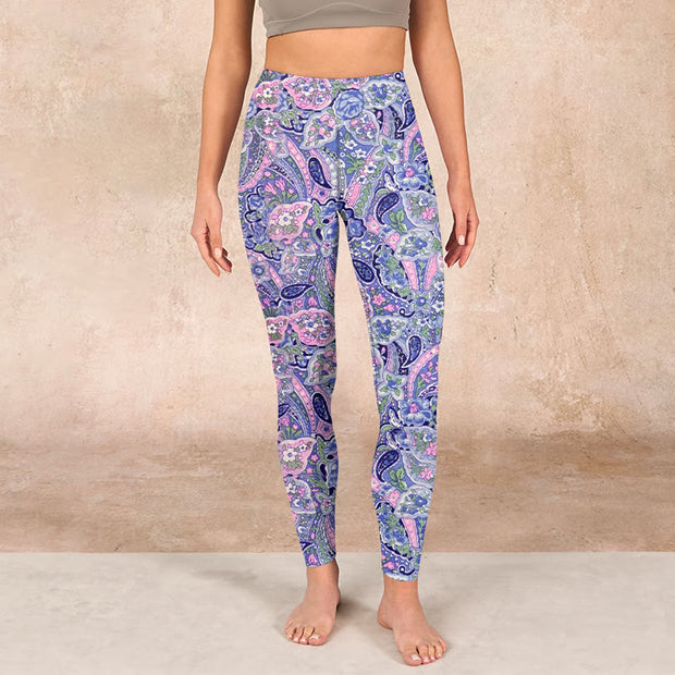 Buddha Stones Purple Pink Cashew Flower Print Gym Fitness Leggings Women's Yoga Pants