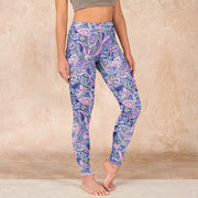 Buddha Stones Purple Pink Cashew Flower Print Gym Fitness Leggings Women's Yoga Pants