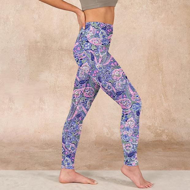 Buddha Stones Purple Pink Cashew Flower Print Gym Fitness Leggings Women's Yoga Pants Leggings BS 17