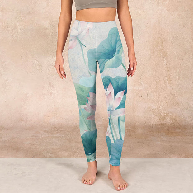 Buddha Stones Blooming  White Pink Lotus Leaves Print Gym Leggings Women's Yoga Pants Leggings BS 1