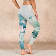 Buddha Stones Blooming  White Pink Lotus Leaves Print Gym Leggings Women's Yoga Pants Leggings BS 2