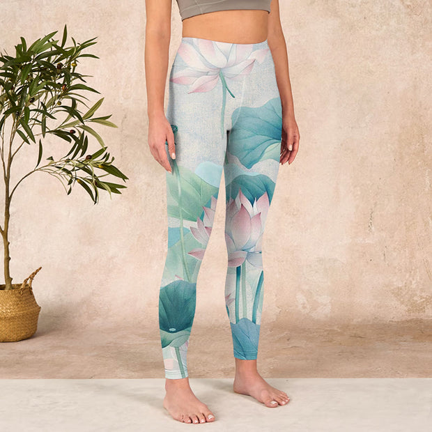 Buddha Stones Blooming  White Pink Lotus Leaves Print Gym Leggings Women's Yoga Pants