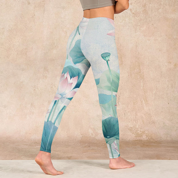 Buddha Stones Blooming  White Pink Lotus Leaves Print Gym Leggings Women's Yoga Pants