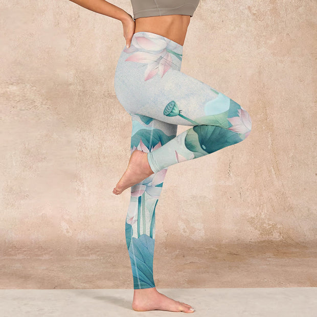 Buddha Stones Blooming  White Pink Lotus Leaves Print Gym Leggings Women's Yoga Pants Leggings BS 16