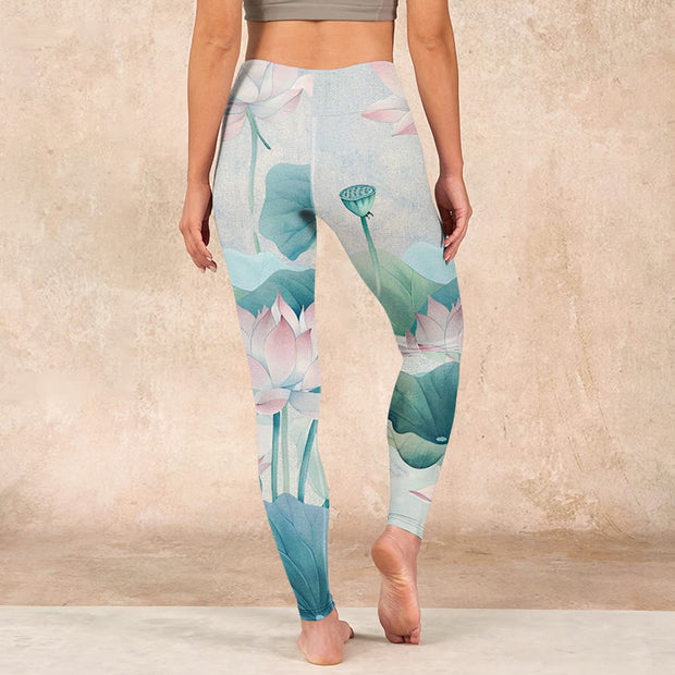 Buddha Stones Blooming  White Pink Lotus Leaves Print Gym Leggings Women's Yoga Pants