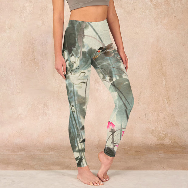 Buddha Stones Lotus Bamboo Leaves Print Gym Leggings Women's Yoga Pants - Beige - US18，UK/AU22，EU50 (4XL) - image 1