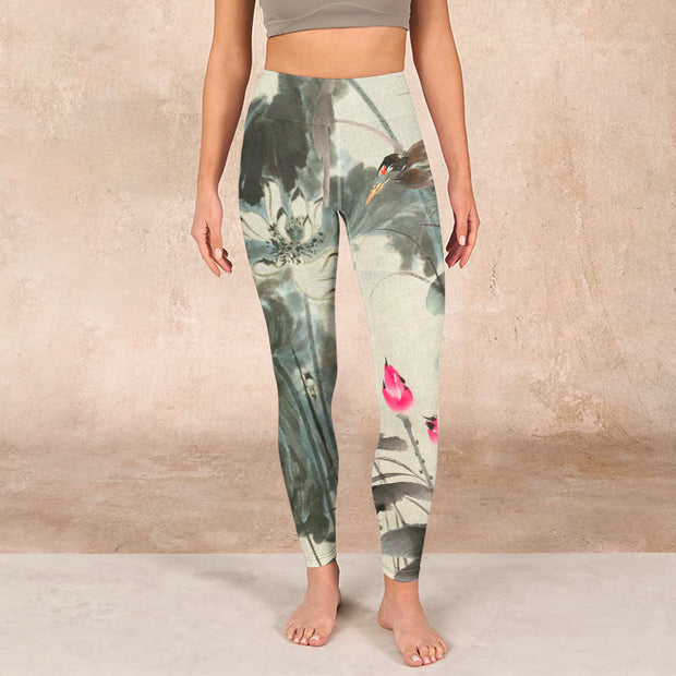 Buddha Stones Lotus Bamboo Leaves Print Gym Leggings Women's Yoga Pants