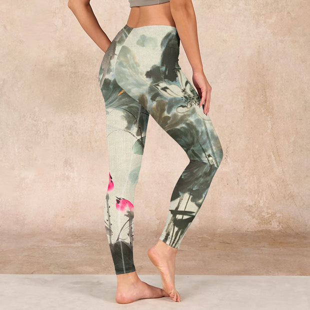 Buddha Stones Lotus Bamboo Leaves Print Gym Leggings Women's Yoga Pants