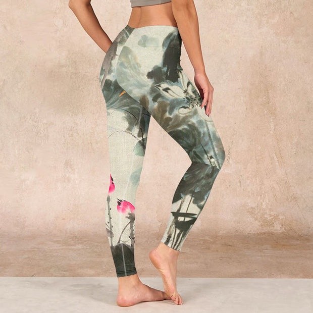 Buddha Stones Lotus Bamboo Leaves Print Gym Leggings Women's Yoga Pants - image 3
