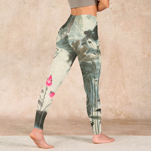 Buddha Stones Lotus Bamboo Leaves Print Gym Leggings Women's Yoga Pants Leggings BS 4