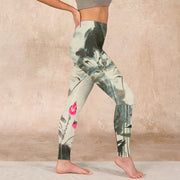 Buddha Stones Lotus Bamboo Leaves Print Gym Leggings Women's Yoga Pants