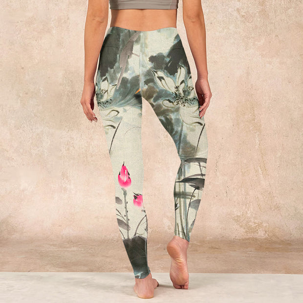 Buddha Stones Lotus Bamboo Leaves Print Gym Leggings Women's Yoga Pants - image 17