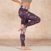 Buddha Stones Purple White Flowers Leaves Blossom Print Gym Fitness Leggings Women's Yoga Pants