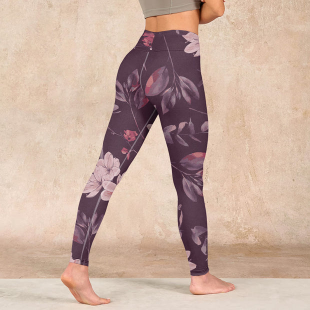 Buddha Stones Purple White Flowers Leaves Blossom Print Gym Fitness Leggings Women's Yoga Pants - image 5