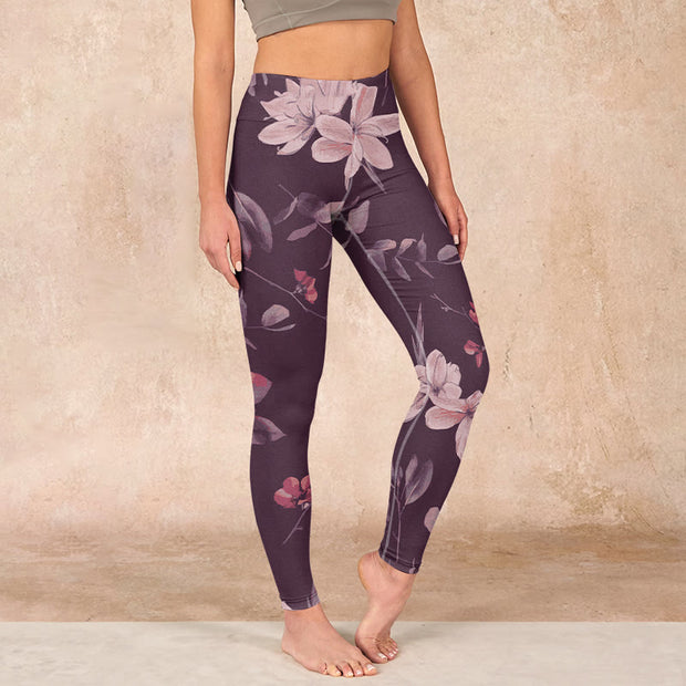 Buddha Stones Purple White Flowers Leaves Blossom Print Gym Fitness Leggings Women's Yoga Pants - Thistle - US18，UK/AU22，EU50 (4XL) - image 1
