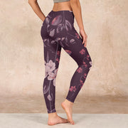 Buddha Stones Purple White Flowers Leaves Blossom Print Gym Fitness Leggings Women's Yoga Pants