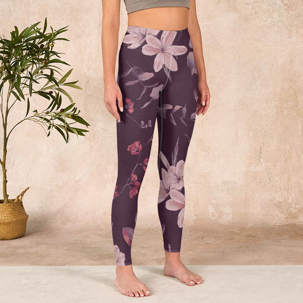 Buddha Stones Purple White Flowers Leaves Blossom Print Gym Fitness Leggings Women's Yoga Pants Leggings BS 3