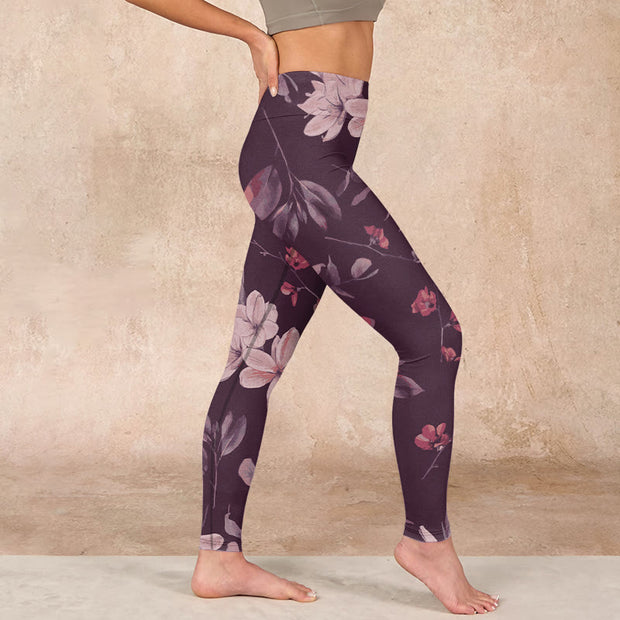 Buddha Stones Purple White Flowers Leaves Blossom Print Gym Fitness Leggings Women's Yoga Pants