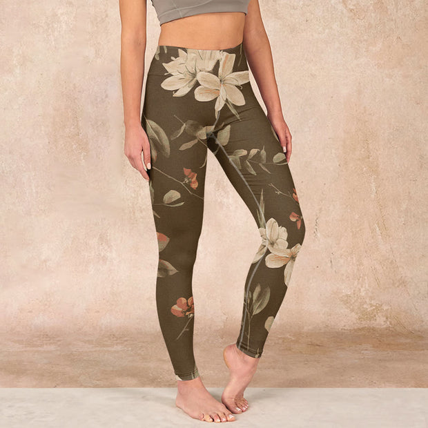 Buddha Stones Purple White Flowers Leaves Blossom Print Gym Fitness Leggings Women's Yoga Pants - DarkKhaki - US18，UK/AU22，EU50 (4XL) - image 18