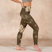 Buddha Stones Purple White Flowers Leaves Blossom Print Gym Fitness Leggings Women's Yoga Pants