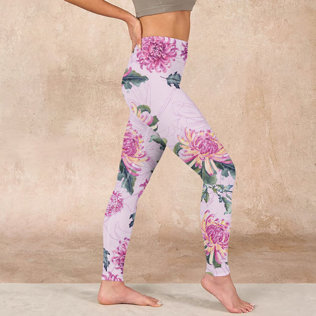 Buddha Stones Pink Chrysanthemum  Gym Leggings Women's Yoga Pants