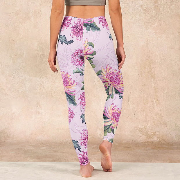 Buddha Stones Pink Chrysanthemum  Gym Leggings Women's Yoga Pants Leggings BS 17