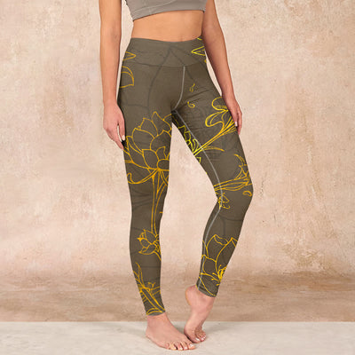 Buddha Stones Yellowish Brown Lotus Flower Lotus Leaf Print Gym Leggings Women's Yoga Pants Leggings BS DarkGoldenrod US18，UK/AU22，EU50 (4XL)