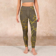 Buddha Stones Yellowish Brown Lotus Flower Lotus Leaf Print Gym Leggings Women's Yoga Pants