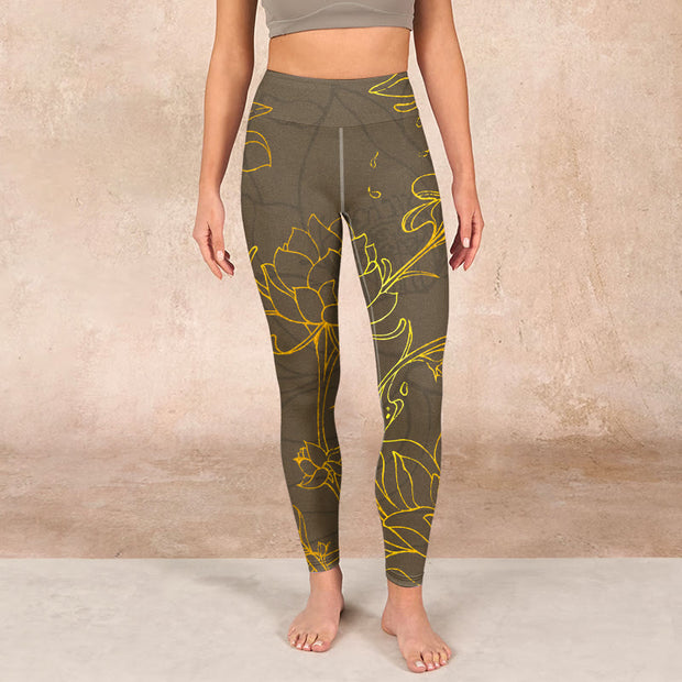 Buddha Stones Yellowish Brown Lotus Flower Lotus Leaf Print Gym Leggings Women's Yoga Pants Leggings BS 1