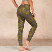 Buddha Stones Yellowish Brown Lotus Flower Lotus Leaf Print Gym Leggings Women's Yoga Pants Leggings BS 2