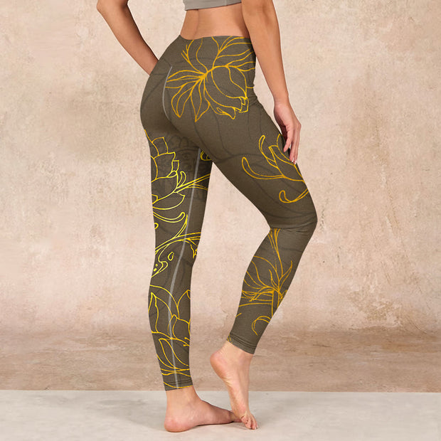 Buddha Stones Yellowish Brown Lotus Flower Lotus Leaf Print Gym Leggings Women's Yoga Pants