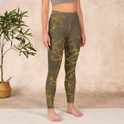 Buddha Stones Yellowish Brown Lotus Flower Lotus Leaf Print Gym Leggings Women's Yoga Pants