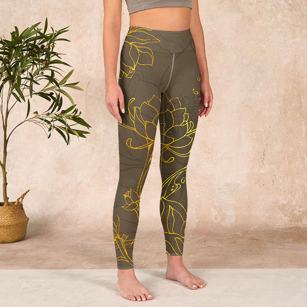 Buddha Stones Yellowish Brown Lotus Flower Lotus Leaf Print Gym Leggings Women's Yoga Pants Leggings BS 3