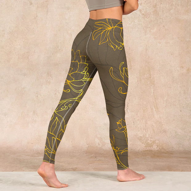 Buddha Stones Yellowish Brown Lotus Flower Lotus Leaf Print Gym Leggings Women's Yoga Pants - image 5