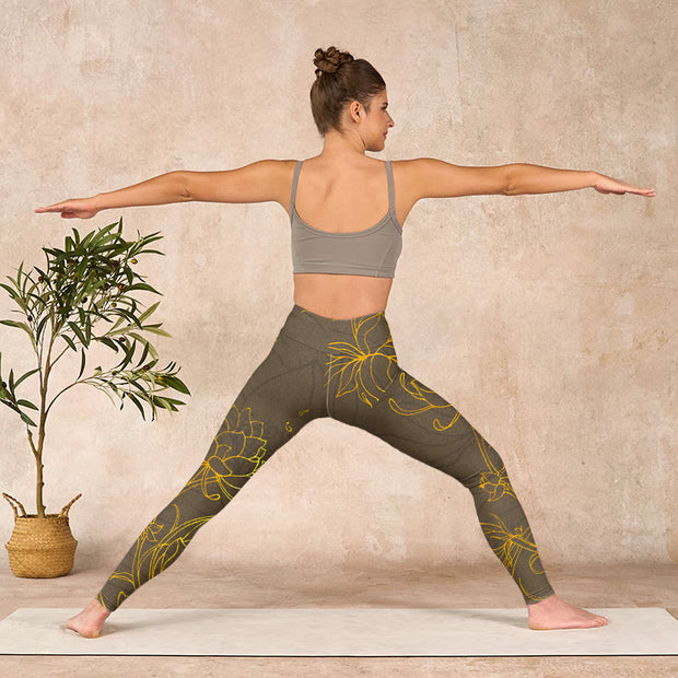 Buddha Stones Yellowish Brown Lotus Flower Lotus Leaf Print Gym Leggings Women's Yoga Pants