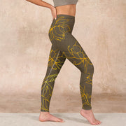 Buddha Stones Yellowish Brown Lotus Flower Lotus Leaf Print Gym Leggings Women's Yoga Pants Leggings BS 17