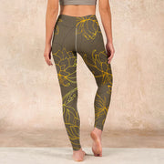 Buddha Stones Yellowish Brown Lotus Flower Lotus Leaf Print Gym Leggings Women's Yoga Pants