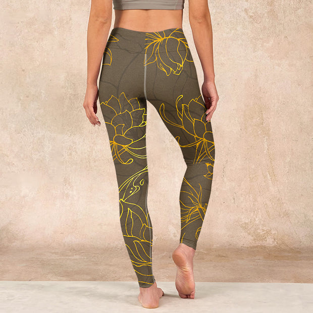 Buddha Stones Yellowish Brown Lotus Flower Lotus Leaf Print Gym Leggings Women's Yoga Pants Leggings BS 16