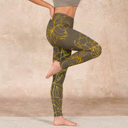 Buddha Stones Yellowish Brown Lotus Flower Lotus Leaf Print Gym Leggings Women's Yoga Pants Leggings BS 15