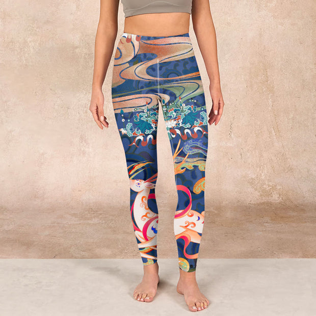 Buddha Stones Deer Auspicious Clouds Lotus Gym Leggings Women's Yoga Pants Leggings BS 1