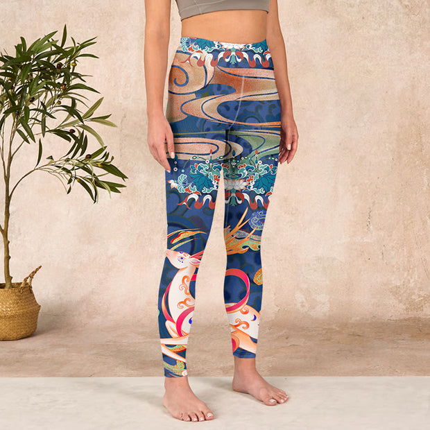 Buddha Stones Deer Auspicious Clouds Lotus Gym Leggings Women's Yoga Pants Leggings BS 3