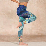 Buddha Stones Blue Dragon Auspicious Clouds Print Gym Leggings Women's Yoga Pants